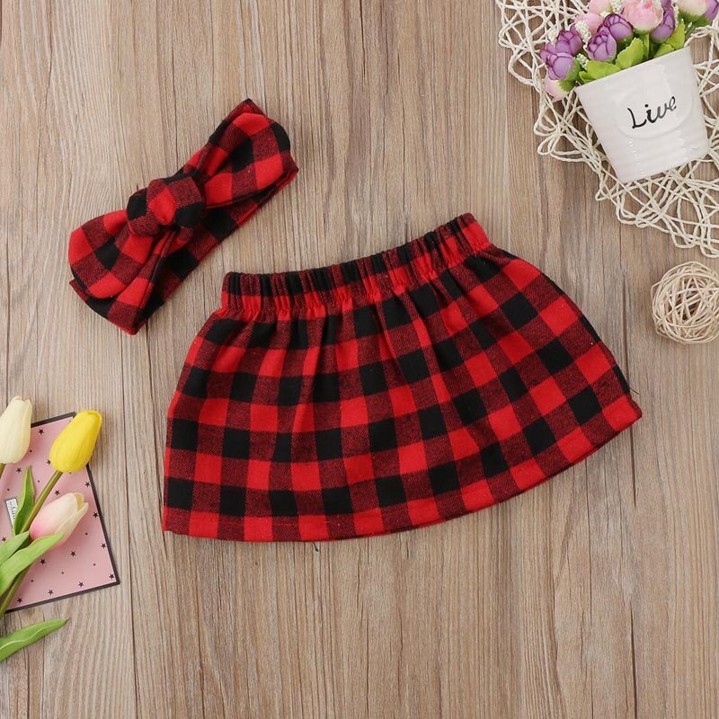 2Pcs Christmas Newborn Baby Girls Xmas Plaid Skirts Elastic Waist Lovely Knee-Length Skirts Headband 2PCS 0-24M