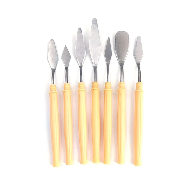 Kit de paleta Gouache con cuchillo de paleta de acero inoxidable, suministros de pintura al óleo, cuchillo de Bellas Artes, juego de herramientas de pintura, cuchillas flexibles, 7 Uds.: YELLOW