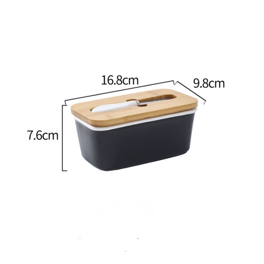 Butter Sealing Box Ceramic Butter Plate with Wood Lid and Knife Cheese Storage Tray Butter Dish Container Box: black