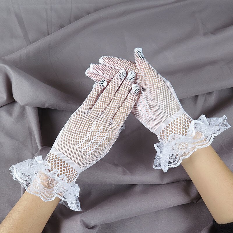 Ladies Short Lace Gloves Maid Sheer Fishn Net Black White Prom Tea Party Gloves Female&#39;s Fashionable Mittens for Women: white lacework