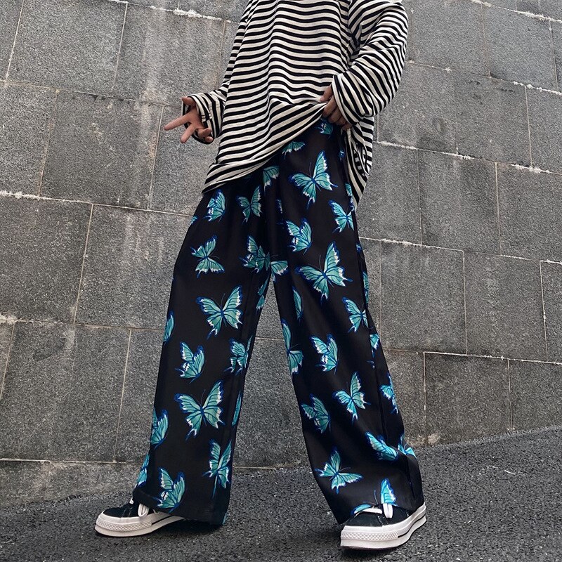 Hip Hop Streetwear Baggy sarouel automne ample papillon imprimé pantalons de survêtement Harajuku coton Joggers hommes pantalon: Green butterfly / M