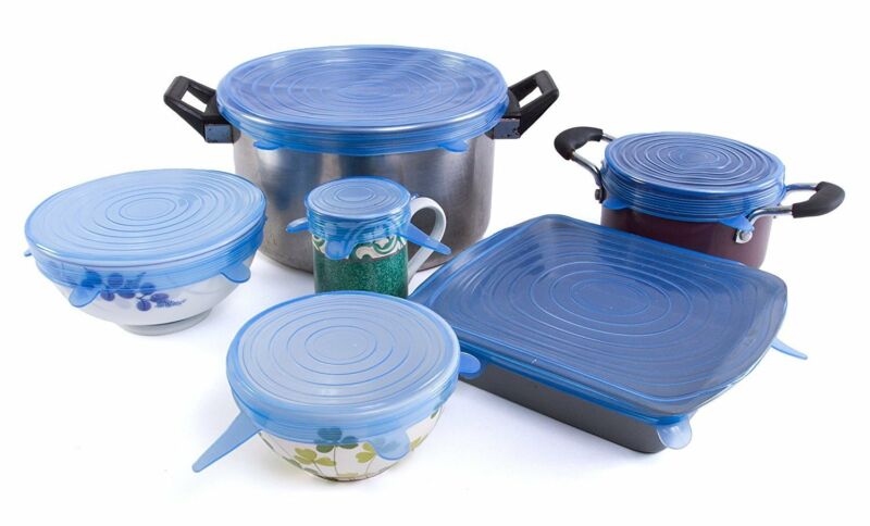 Couvercle universel en Silicone | Ensemble de 6 pièces/ensemble, couvercles extensibles réutilisables, bol d'emballage en silicone, couvercle de pot couvercle en Silicone, casserole de cuisine: Blue