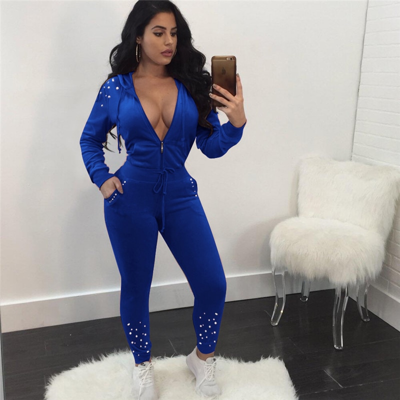 Adogirl Pearls Accent Velvet Tracksuit Women Two Piece Set Zipper Long Sleeve Hooded Sweatshirts + Pants Casual Sporting Suits