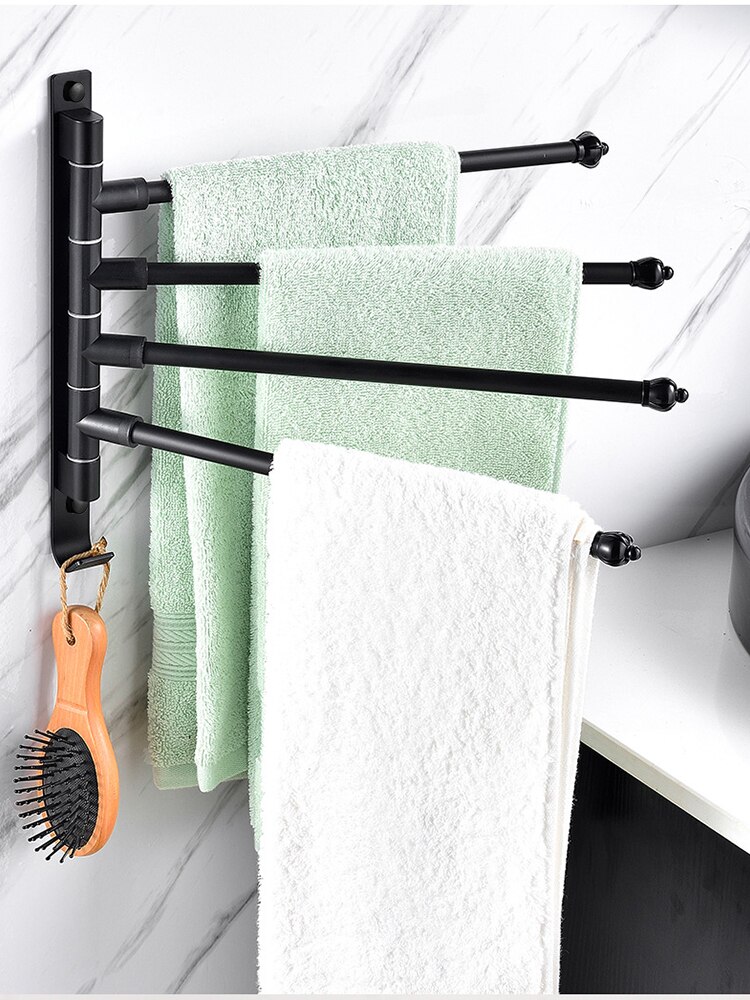 Badeværelse vægmonteret håndklædeholder holder roterende bar håndklædeholder tøjkrog tøjkrog badeværelsestilbehør sæt rum aluminiumsstang: Sort 4- bar