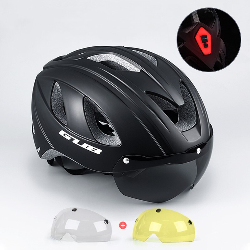 GUB-casco de bicicleta de carretera para hombre y mujer, con luz trasera integrada, gafas de seguridad, equipo de ciclismo: Matte Black 2Lens