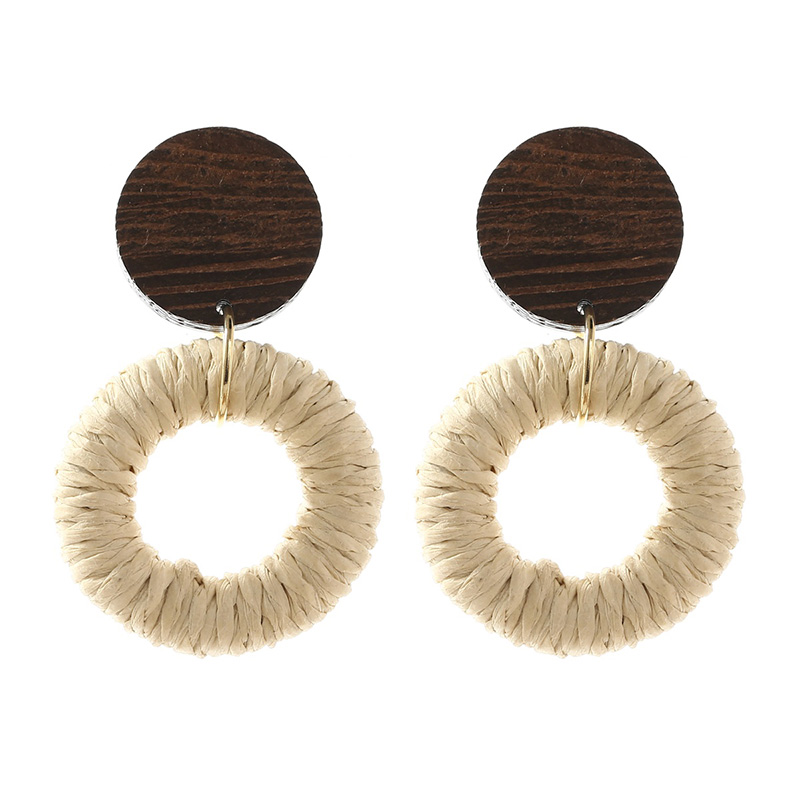 Bohemian Ladies Handmade Vine Rattan Straw Woven Earrings For Women Boho Geometric Round Wooden Dangle Earring Jewelry: E0382-1
