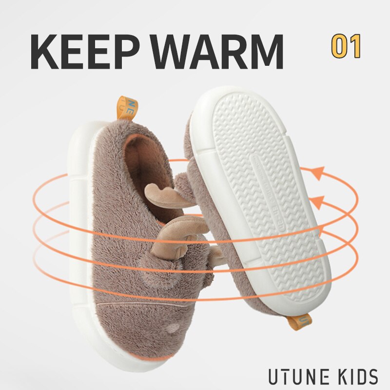 UTUNE KIDS - Zapatillas de Navidad de alce para niños, zapatos esponjosos de dibujos animados para niños mayores de 2/3/4/5, Casa con plataforma cálida