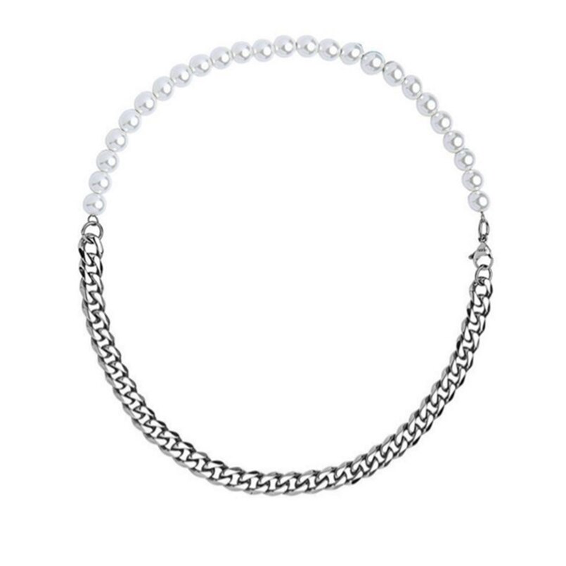 Rustfrit stål miami cuba kæde og halv 8mm perle halskæde til mænd og kvinder: Stål