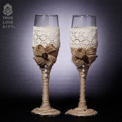 2 st set bröllopsglas linne kristall bröllop champagneglas spetsklänning bägare rödvin glas kopp bröllopsdekoration: 4