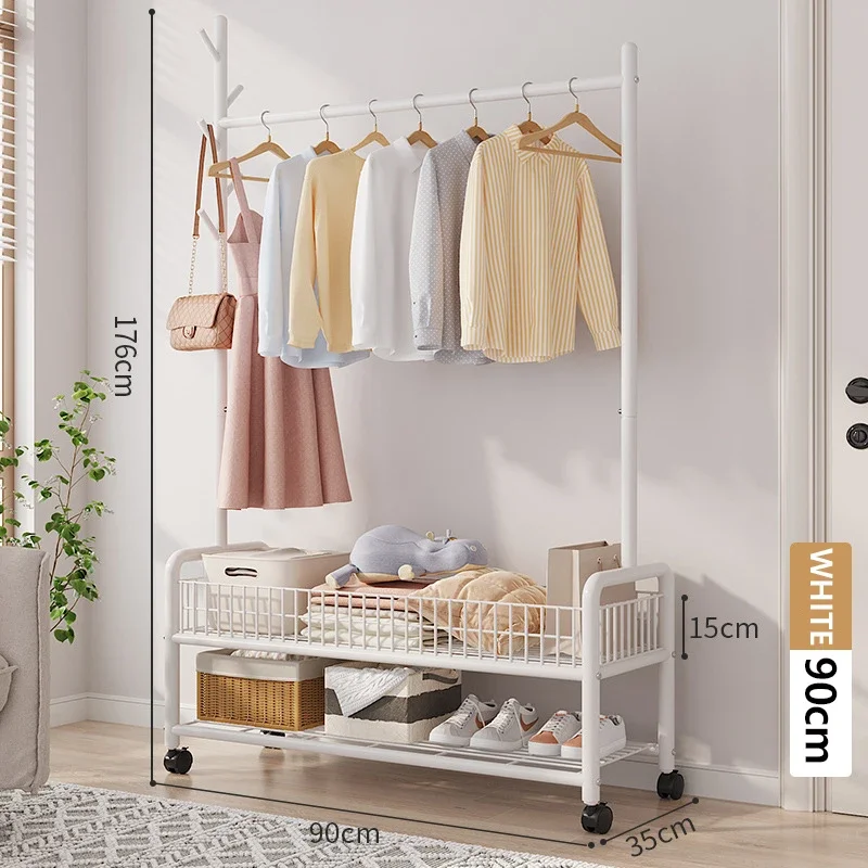 Movable Clothes Rack Floor Hanger Stand Storage Wardrobe Hat Stand Storage Box Bedroom Furniture perchero de pie Coat Rack Hook: WHITE