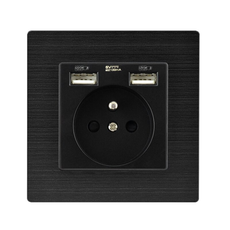 Usb Muur Plug Mobiele Telefoon Opladen Outlet Eu/Franse Stopcontact Met Dual Usb-Poorten Opladen Zwart Geborsteld Aluminium panel: FR Socket