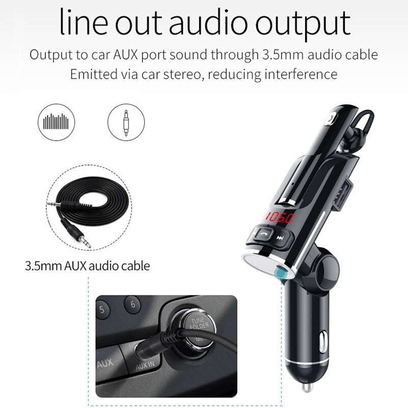 Konrisa Aux Fm-zender Auto Bluetooth Headset Handsfree Kit Draadloze A2DP Muziekspeler Ondersteuning Prive Call Dual Usb-poort