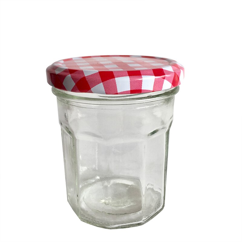 ! 200ml glas syltetøjsglas med røde checklåg, pakket 12 stk