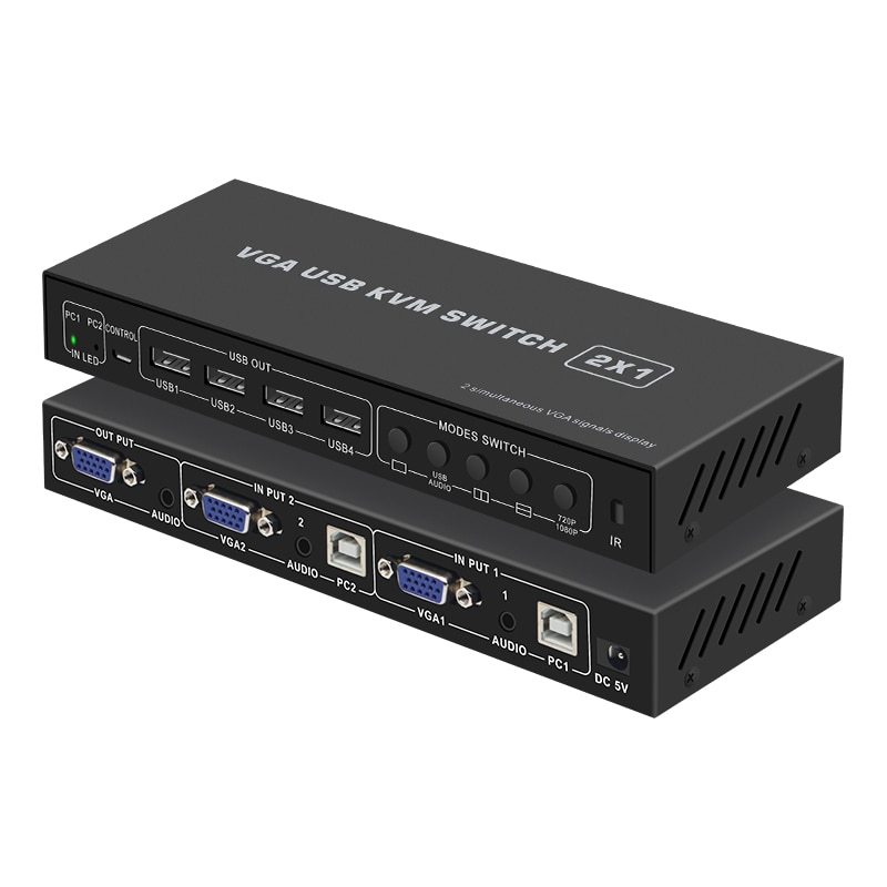 Hdmatters Vga Kvm Switcher 2X1 Met Vga Multi-Viewer Functie Met Audio In & Out Vga Multiviewer Kvm Switch met Afstandsbediening