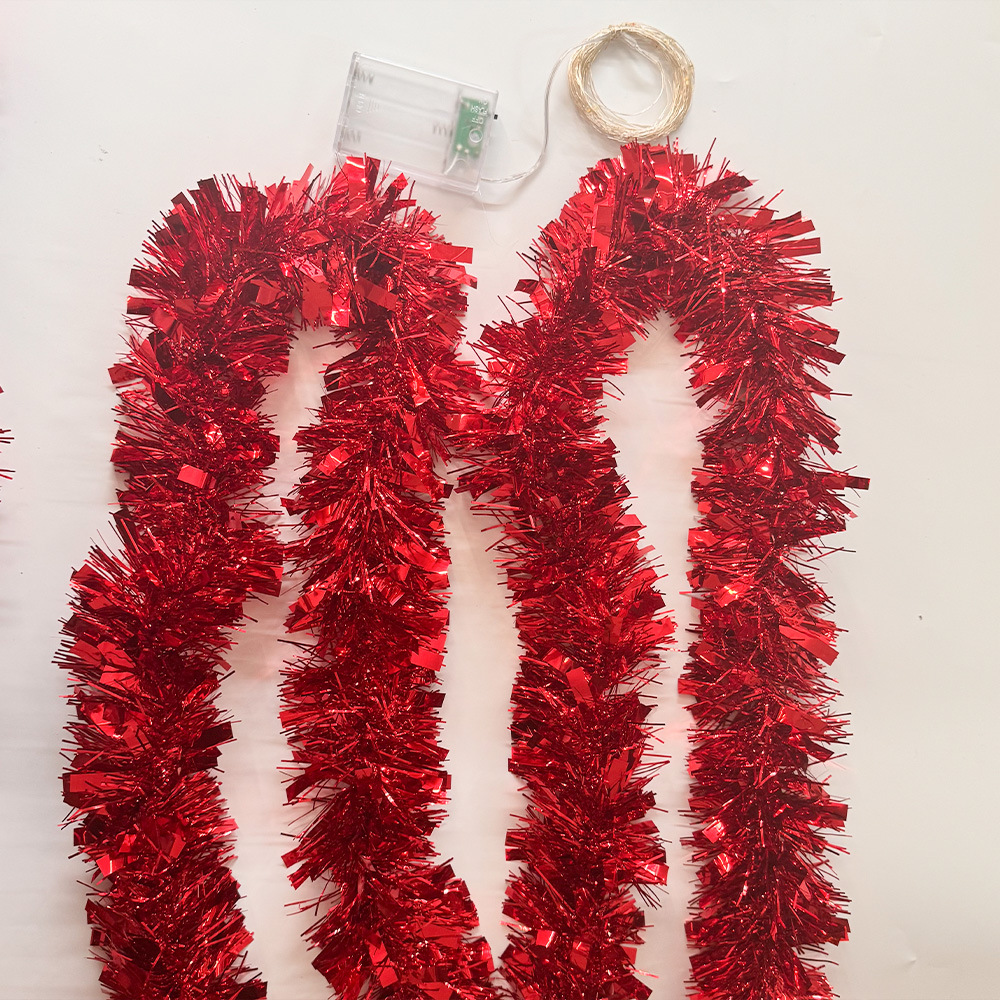 Guirnalda de oropel navideño con 50 luces LED, decoraciones gruesas metálicas brillantes para interiores/exteriores, para fiestas navideñas, 1 ud.: Rojo