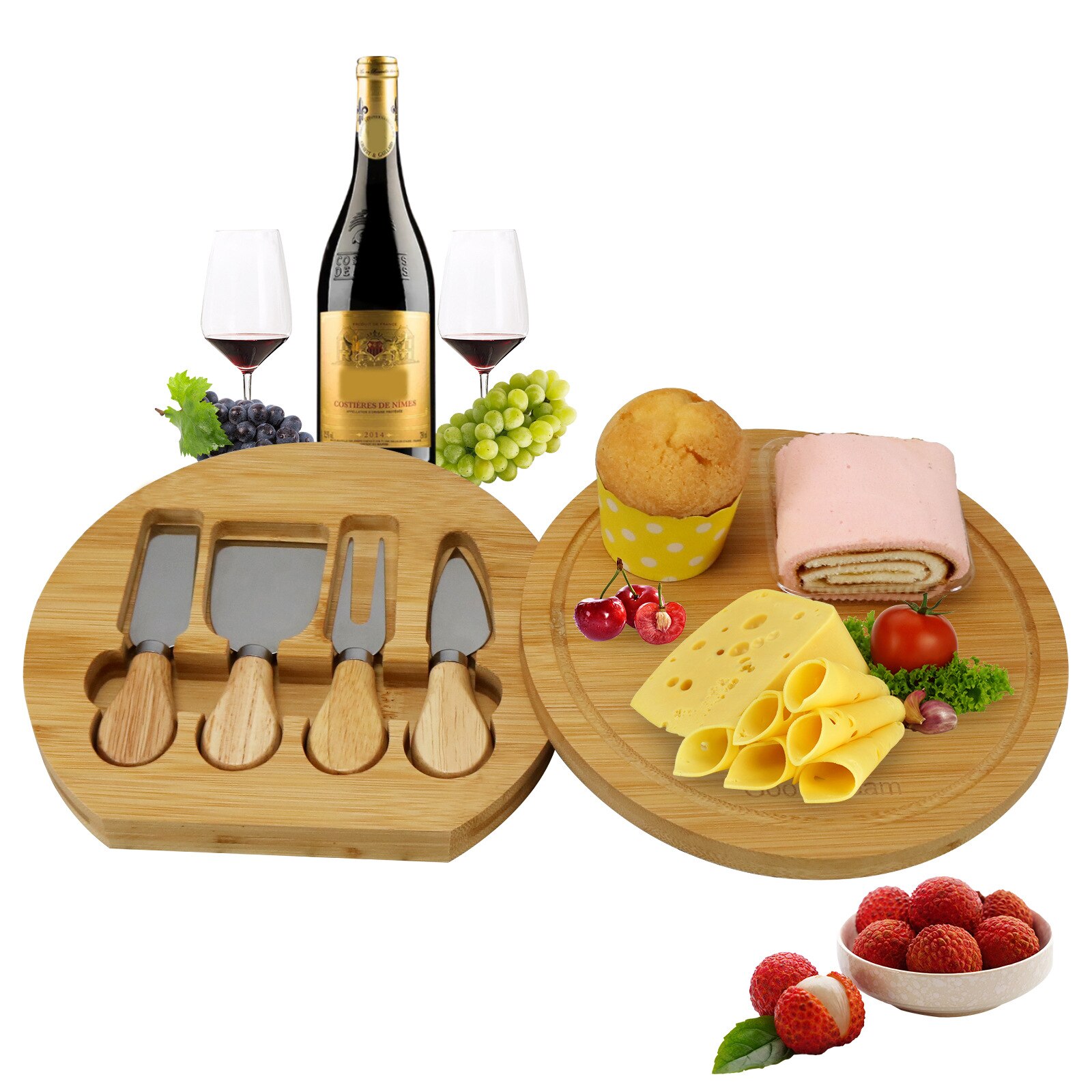Bamboo Cheese Cutting Board Set Cutlery Cutter Charcuterie Board Set With Slide Out Drawer Cooking Tools Slicer Fork Scoops Cut: Whole Set Small