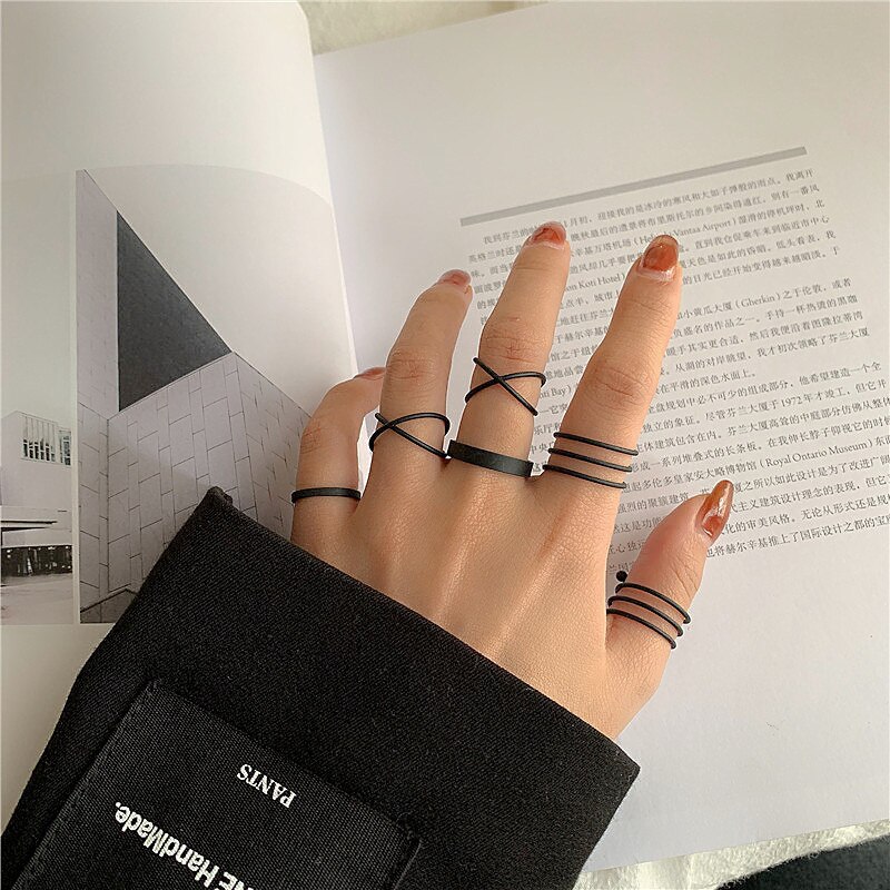 Sommerfugl metal punk ringe sæt til kvinder teen smykker tilbehør spænde kvindelig pegefinger ring: Sort