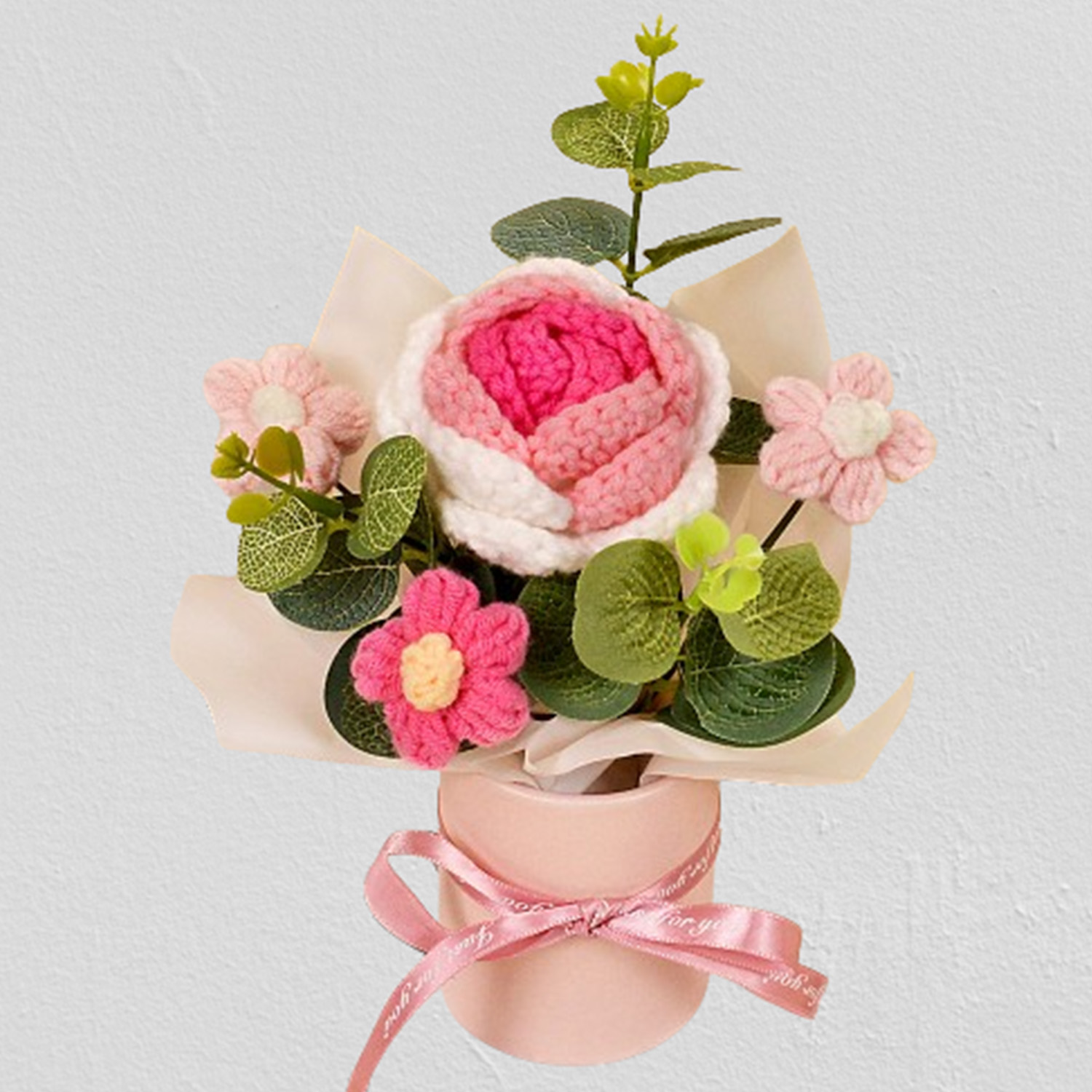 Ramos de flores de ganchillo hechos a mano, tela tejida de ganchillo, ramo de rosas y girasoles, decoración del hogar y para mujer, esposa, mamá, 1 ud.: Rosa