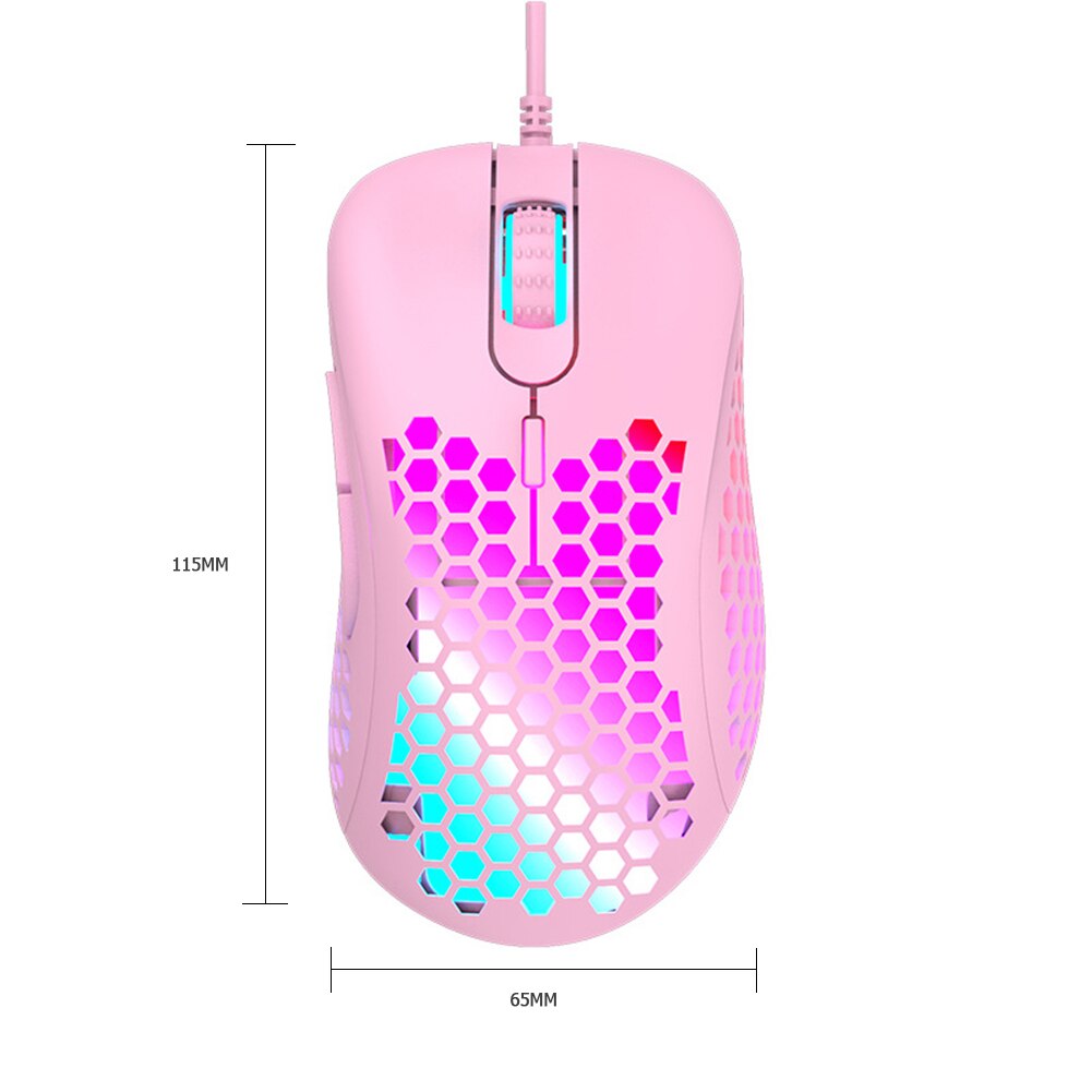 M65 Colorful RGB Light Weight Wired Mouse Hollow-out Honeycomb Shell Gaming Mouce Mice 6 DPI Adjustable 6 Keys: Pink