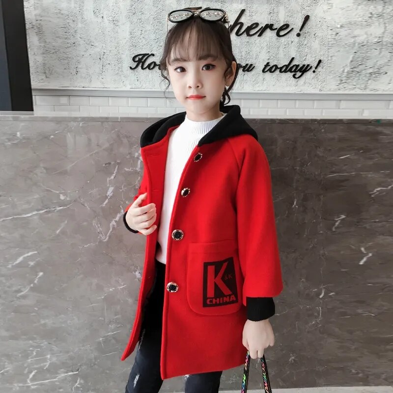 Giacca invernale in lana e misto per ragazze nuova versione coreana cappotto addensato moda abbigliamento per bambini Slim Casual con cappuccio di media lunghezza: Rosso / 3T