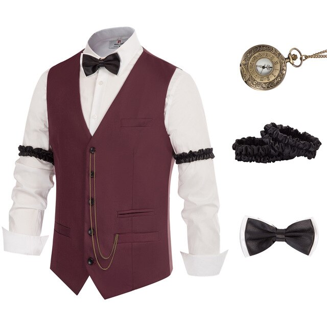PJ Men 1920s Gangster Costume Vest Set Waistcoat+Pocket Watch+Bow-Tie+Arm Band Halloween Parties Single Breasted V-Neck Waistc: Wine / XXL