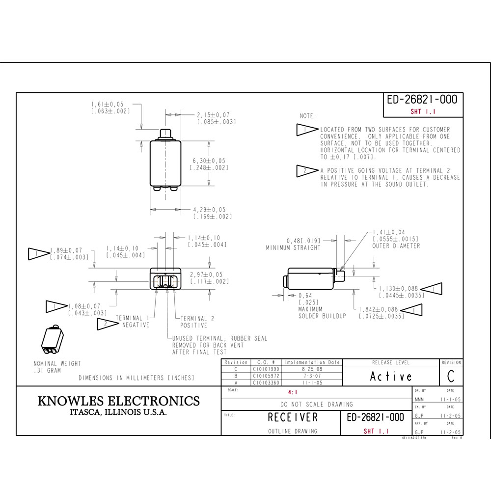 2pcs Knowles ED-26821 Balanced Armature Driver Receiver for IEM Custom Earphone Hearing Aids