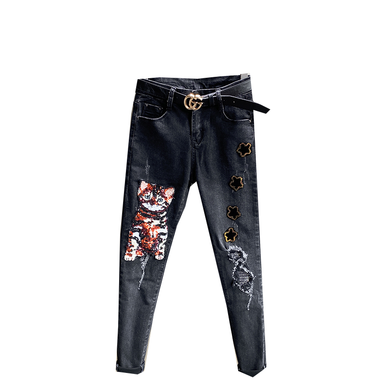 Pantalones vaqueros con bordado de lentejuelas y diamantes para mujer, Jeans ajustados de dibujos animados, elásticos, color negro, primavera y otoño, novedad de