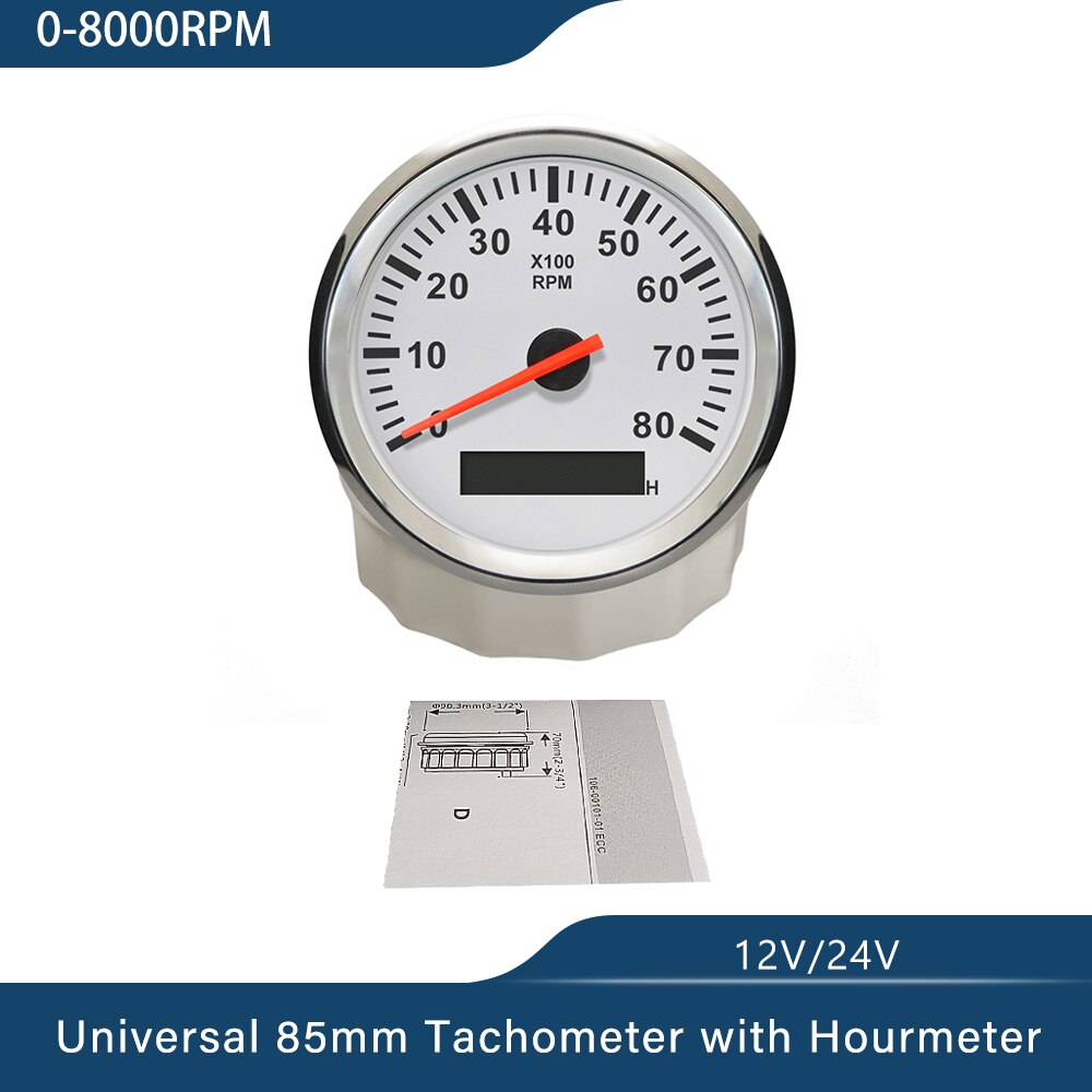 3-8K RPM Tachometer Gauge Tach Sensor REV Counter with Hour Meter 85mm Gasoline Diesel 12V 24V Red Backlight Waterproof