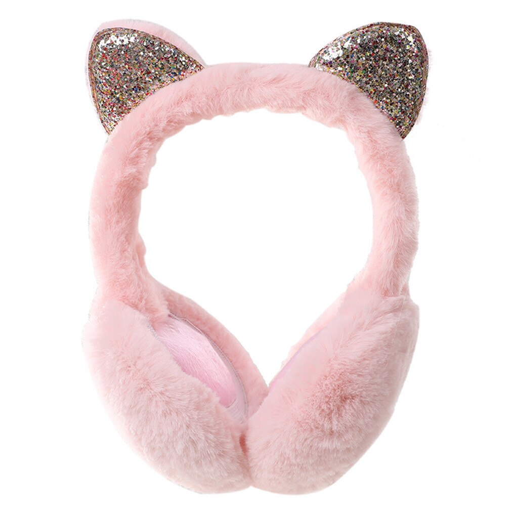 Femmes fille fourrure hiver cache-oreilles chat oreille tour d'oreille paillettes Sequin cache-oreilles bandeau cache oreille: Pink