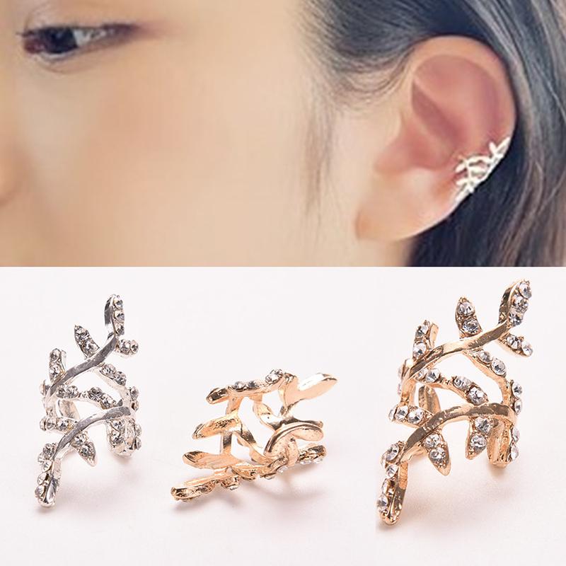 Retro Crystal Earings Rhinestone Leaf Ear Cuff Earrings Warp Clip Ear Clip Women's Jewelry 1PC Graceful