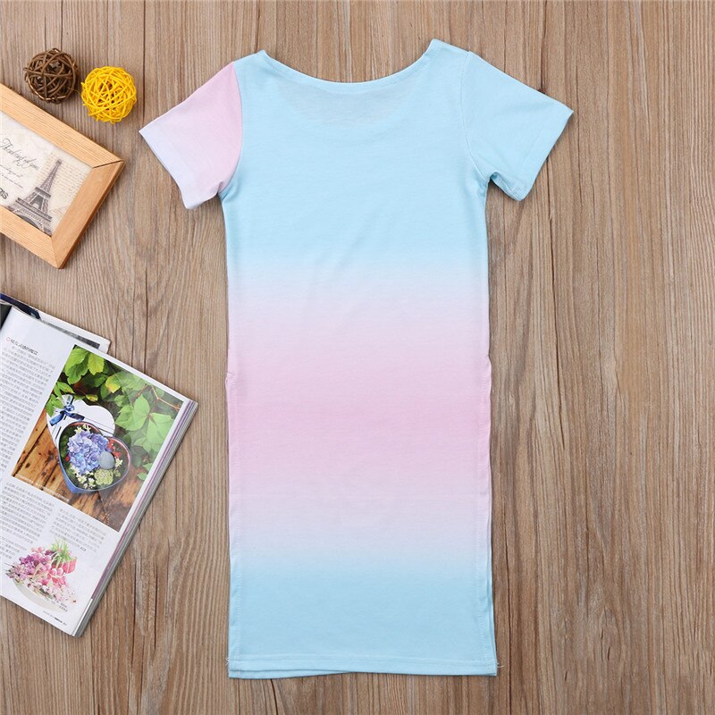 Été décontracté robe de -né infantile bébé filles dégradé coloré élastique col rond à manches courtes T-shirt fendu hauts longs