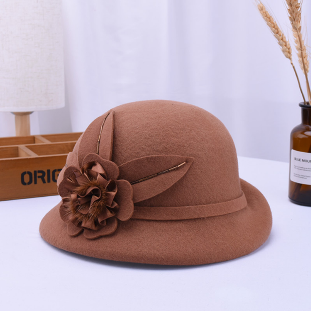 Mother Lady Autumn And Winter Woolen Curling Hats Woman Party Formal Top Grade 100% Wool Felt Hat Bucket Cap: Coffee color