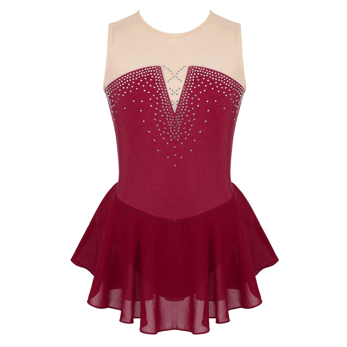 Îmbrăcăminte de dans din plasă cu strasuri strălucitoare pentru copii, costum de performanță pentru competiție, balet, gimnastică, tricou pentru fete, rochie de patinaj artistic: Burgundia / 14