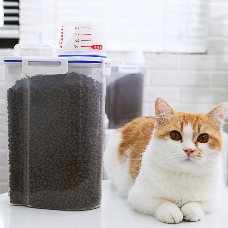 Dyremad spand katte- og hundefoderbeholder fugttæt forseglet krukke 2kg hundefoderspand plastopbevaringstank med målebæger