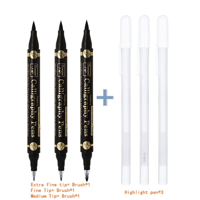 3/6PCS Dual Tip Pen Black Calligraphy Brush Pen Lettering Pens Art Marker White Pen for Beginners Writing Sketches Art Drawings: mixed Tip-6Pcs set