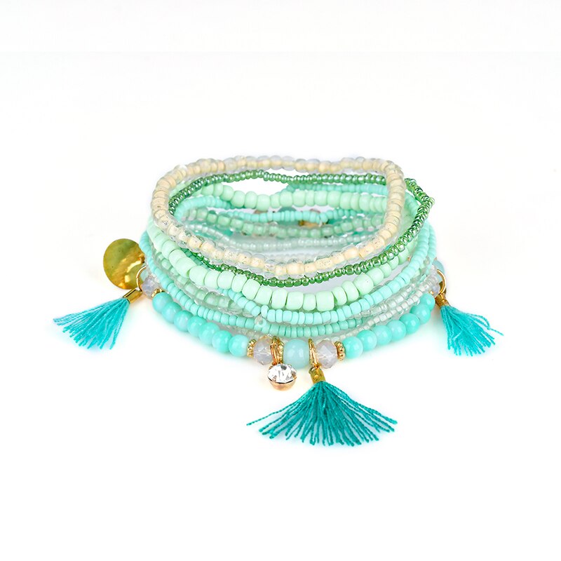 Ethnic Bohemian Tassel Beach Charm Bracelets For Women Boho Multilayer Beads Crystal Beaded Jewellery Bracelet Set Femme