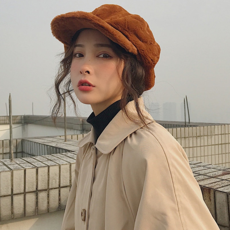 HT2209 sombreros de Otoño Invierno para mujer, boinas de piel de forro polar suave para mujeres plano liso octogonal Newsboy Caps Vintage Artist Painter Women Cap