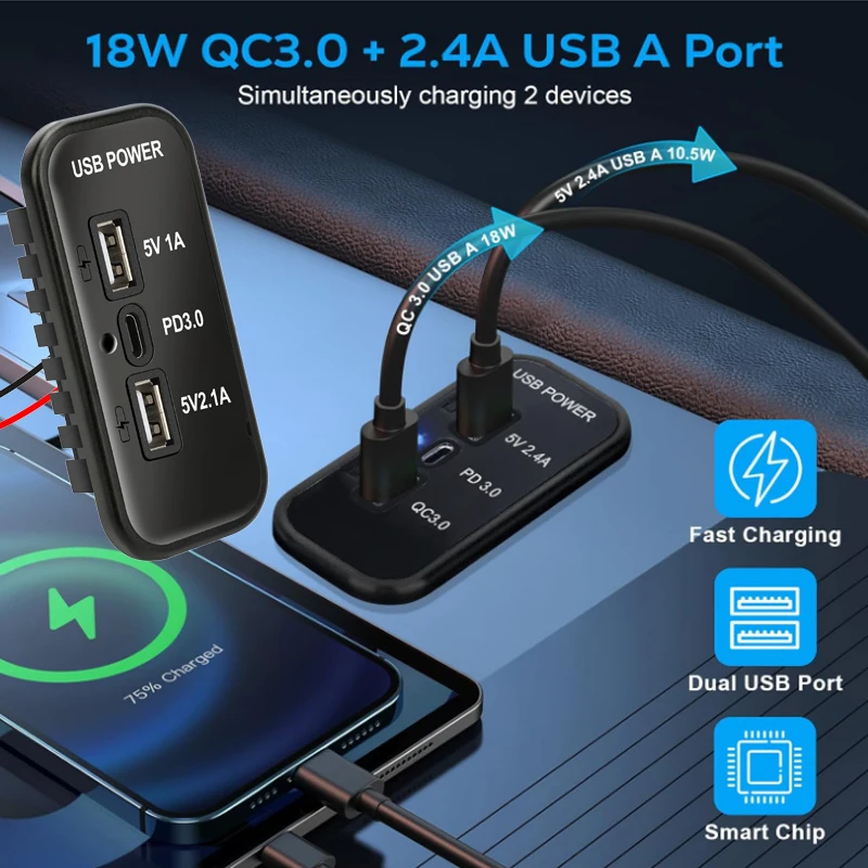 12v usb-uttak , pd3.0 type c-porter , qc3.0 og 2.4a usb a-lader 3 porter hurtigladekontaktpanel for bil, motorsykkel, marin lastebil