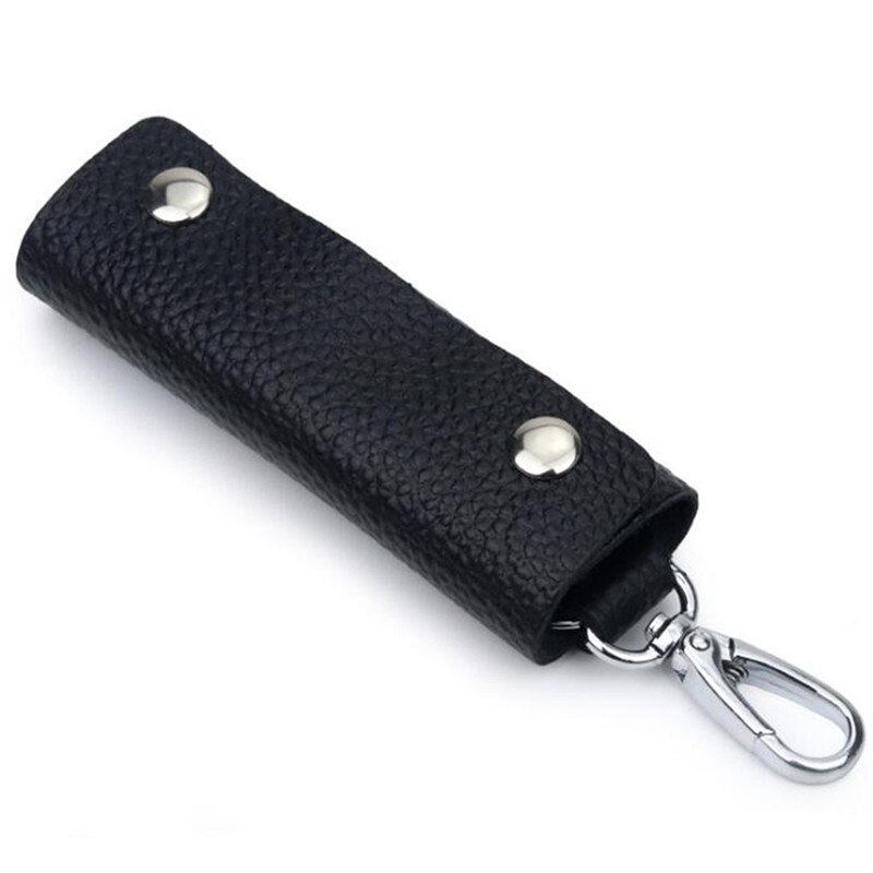 Lederen Dubbele Snap Key Holder Tassen Handgemaakte Handig Draagbare Eenvoudige Effen Kleur Key Sleutelhanger Organizer Accessoires: Black