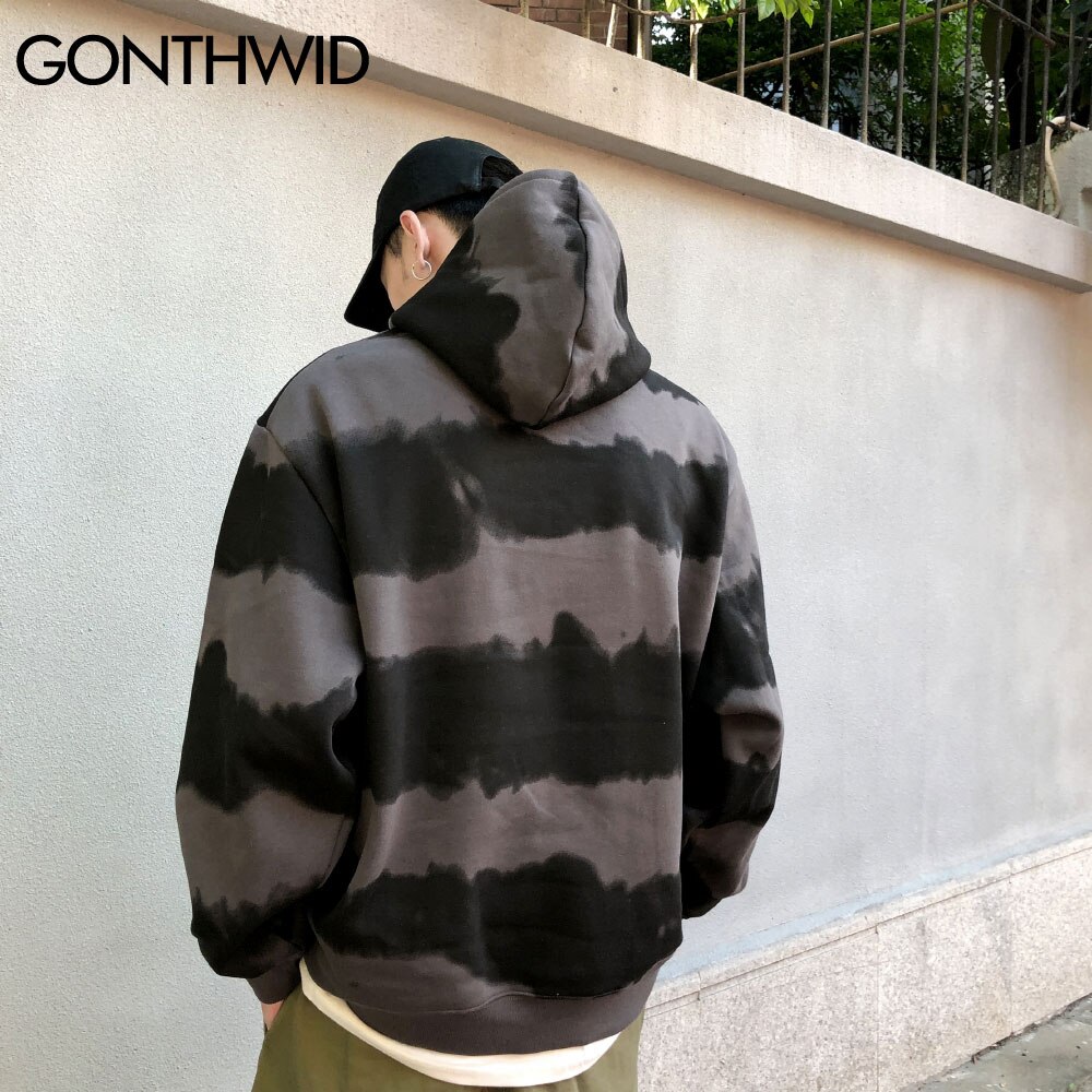 GONTHWID Harajuku Embroidery Daisy Tie Dye Striped Fleece Hoodies Sweatshirts Streetwear Mens Hip Hop Casual Pullover Tops