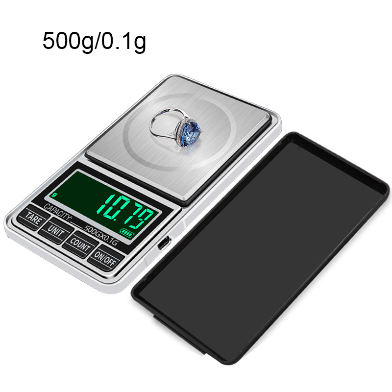 Báscula de joyería Mini, báscula Digital de bolsillo con carga USB, balanza electrónica de precisión de 100g/200g/300g/500g 0,01g, báscula de peso LCD: 500g-0.1g