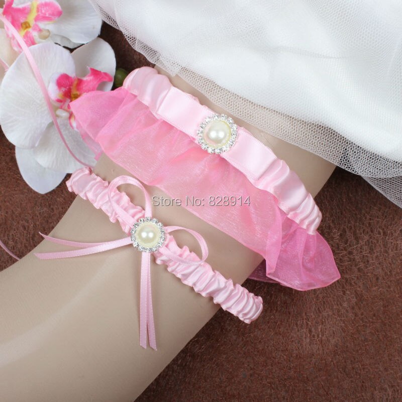 Pink Ribbon Wedding Garter including Keepsake Garter and toss Garter Handmade With Pearl and rhinestones