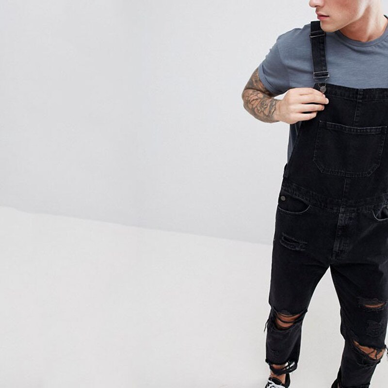 Mono vaquero rasgado hasta la rodilla para hombre, peto negro con aberturas grandes, ropa de calle, pantalones vaqueros con tirantes