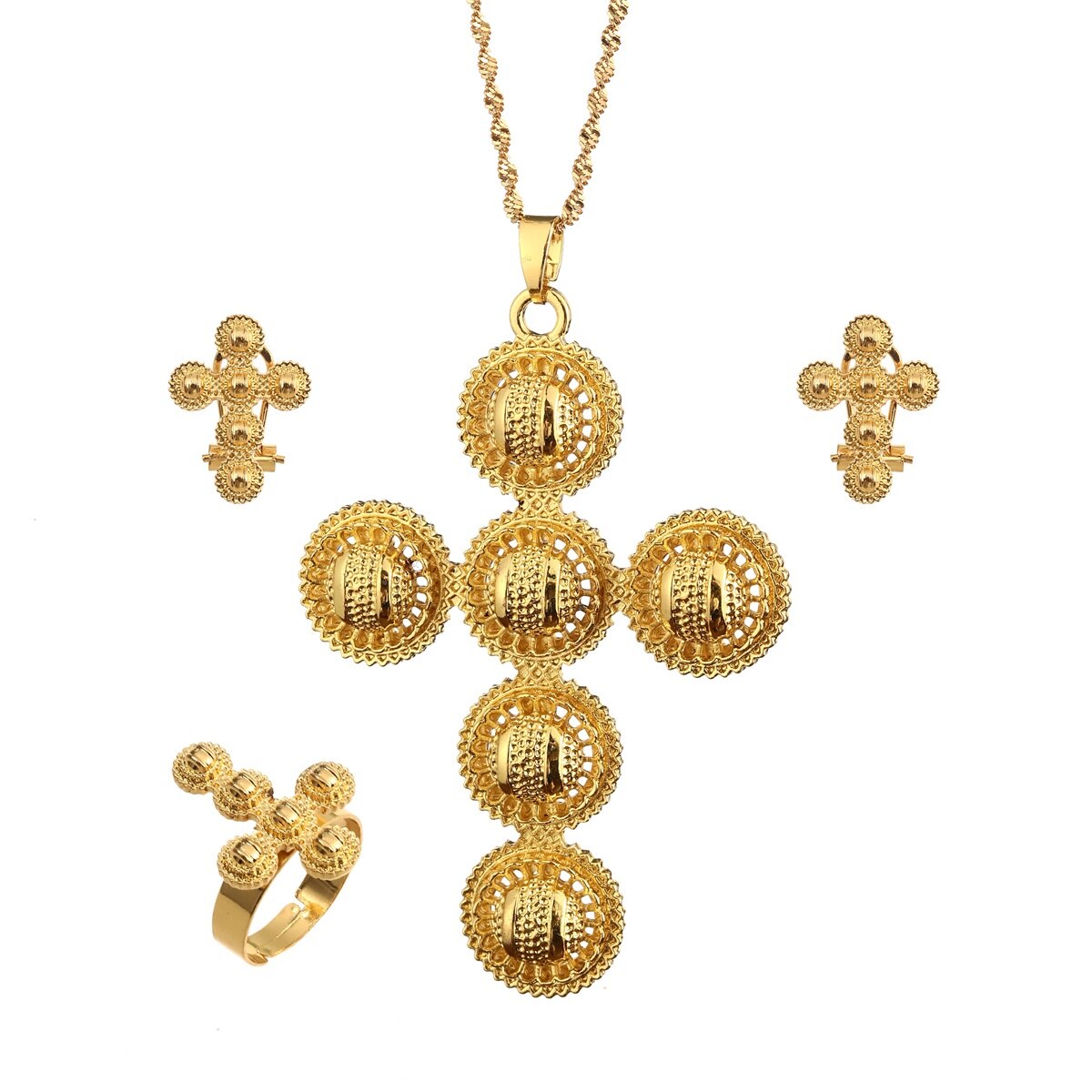 Ethiopische Traditiona Cross Sieraden Set Ketting Oorbellen Ring Ethiopië Gold Eritrea Sets Voor Vrouwen Habesha Wedding Party: Puur Goud Kleur