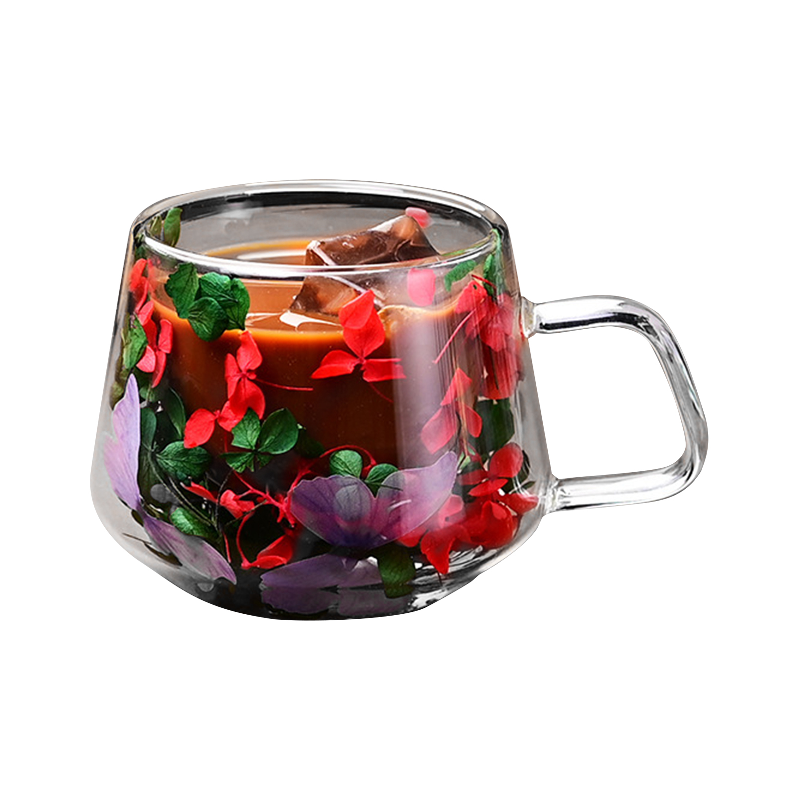 Dubbelwandige glazen koffiemok geïsoleerde bloem glazen espressokopje heldere melkbekers vulling gesimuleerde bloemen theekopje sap waterbeker: MULTI