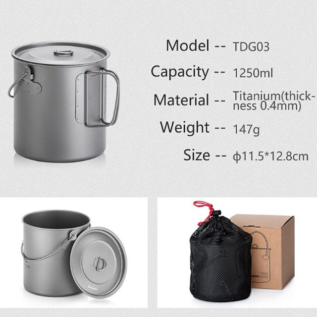 Naturehike udendørs køkkengrej titanium gryde pande ultralet camping 83-116g pande 0.8-1.3l gryder rejse picnic service udstyr: 1250ml- titanium gryder