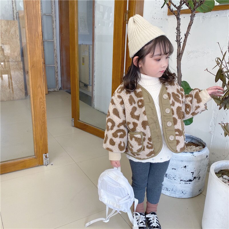 Vinterjacka för barn i koreansk stil leopardmönster förtjockad matchande pälsjacka för coola flickbebisar