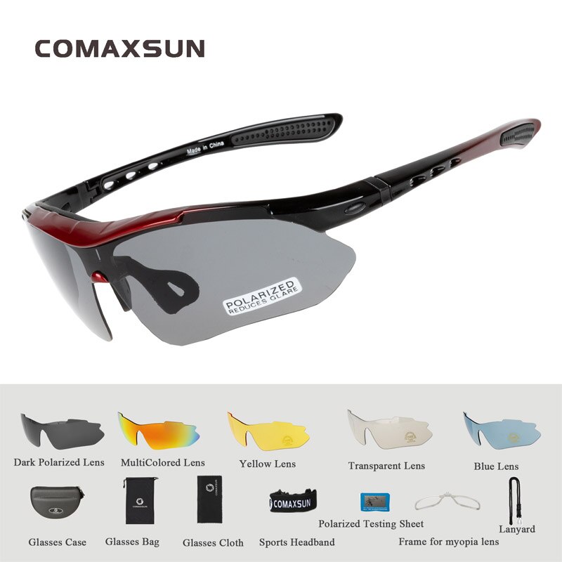 COMAXSUN Polarized Cycling Glasses Bike Goggles Outdoor Sports Bicycle Sunglasses UV 400 With 5 Lens TR90 2 Style: Style 1 BLACK RED