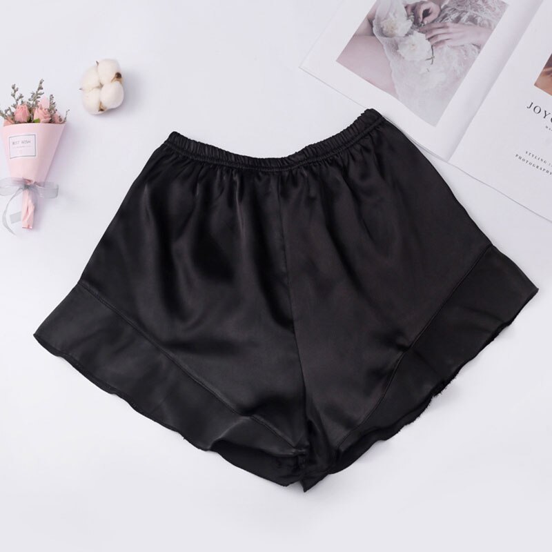 Dame Nahtlose Kräuselte Sicherheit Hosen dehnbar Reine Farbe Dünne Atmungsaktive kurze Hose Glänzend Satin- Stoffe Elastische Taille Französisch Unterhose: Schwarz