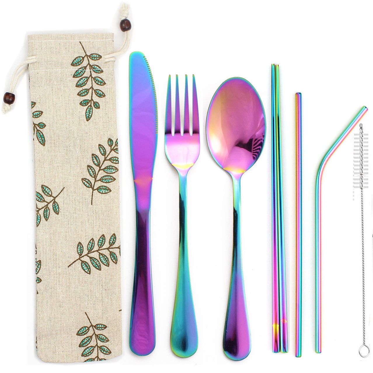 Couverts arc-en-ciel colorés 8 pièces/ensemble | Service de vaisselle Portable, vaisselle réutilisable avec paille en métal, cuillère fourchette, étui à baguettes: Rainbow10